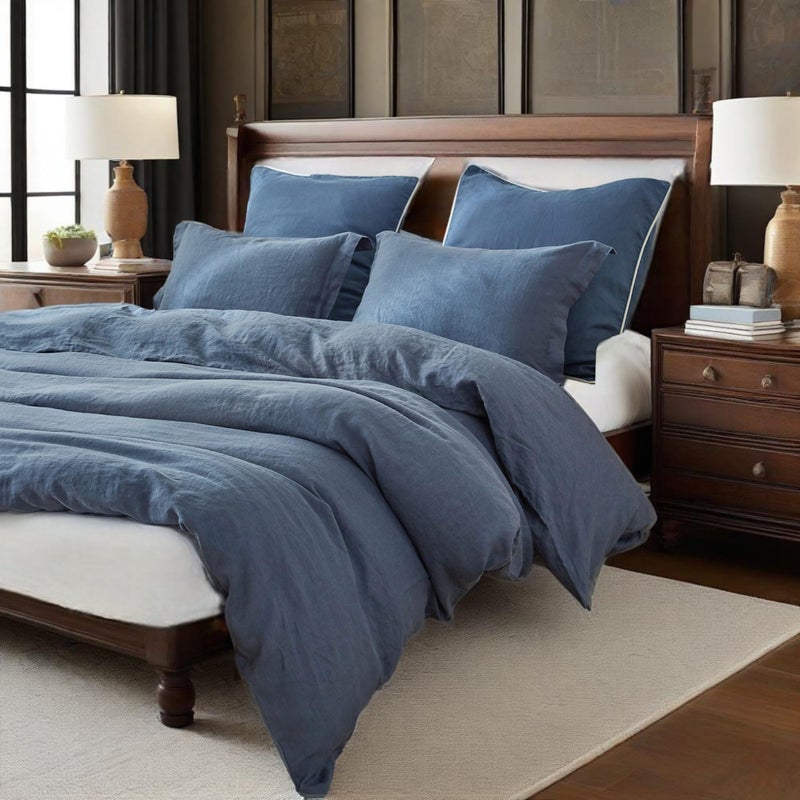 Simple&Opulence 100% Linen Duvet Cover Set, 3 PCS Classic Blue Duvet Cover Queen Size, Breathable Soft Comfy Linen Bedding Comforter Cover with 2 Pillowcases(Classic Blue, 88"x92") - Image 1